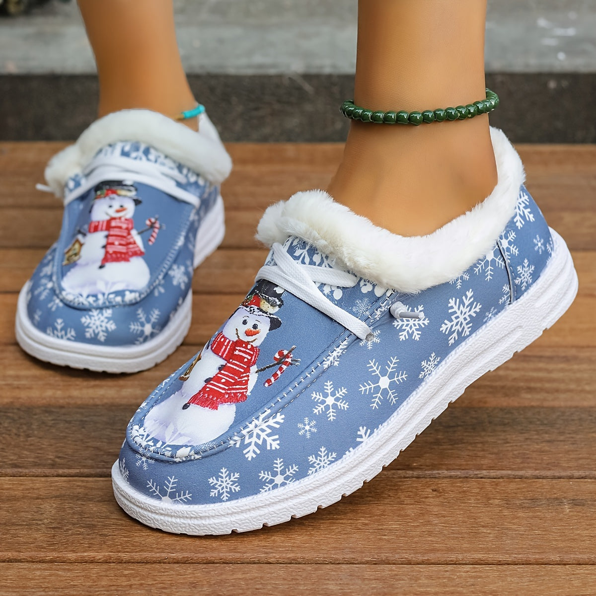 Women's Snowman Pattern Canvas Shoes, Casual Lace Up Outdoor Shoes, Lightweight Low Top Plush Lined Christmas Sneakers