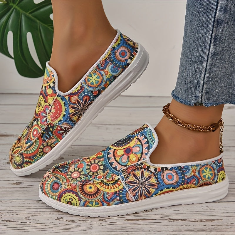 Women's Floral Print Flat Shoes, Fashion Round Toe Low Top Slip On Loafers, Casual Walking Canvas Shoes