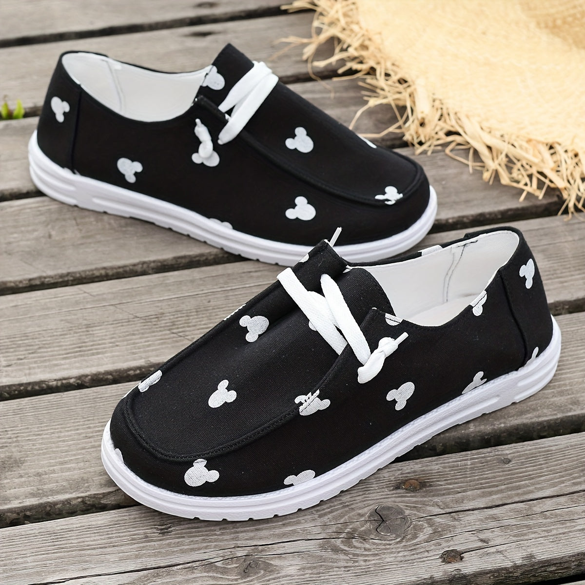 Women's Cartoon Print Canvas Shoes, Lightweight Low Top Lace Up Shoes, Women's Comfy Walking Shoes