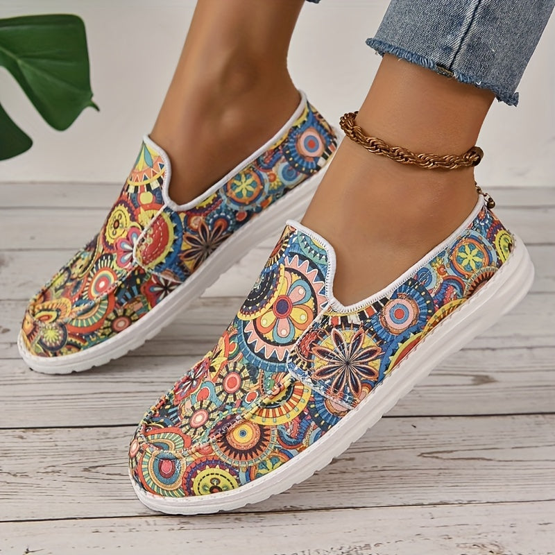 Women's Floral Print Flat Shoes, Fashion Round Toe Low Top Slip On Loafers, Casual Walking Canvas Shoes