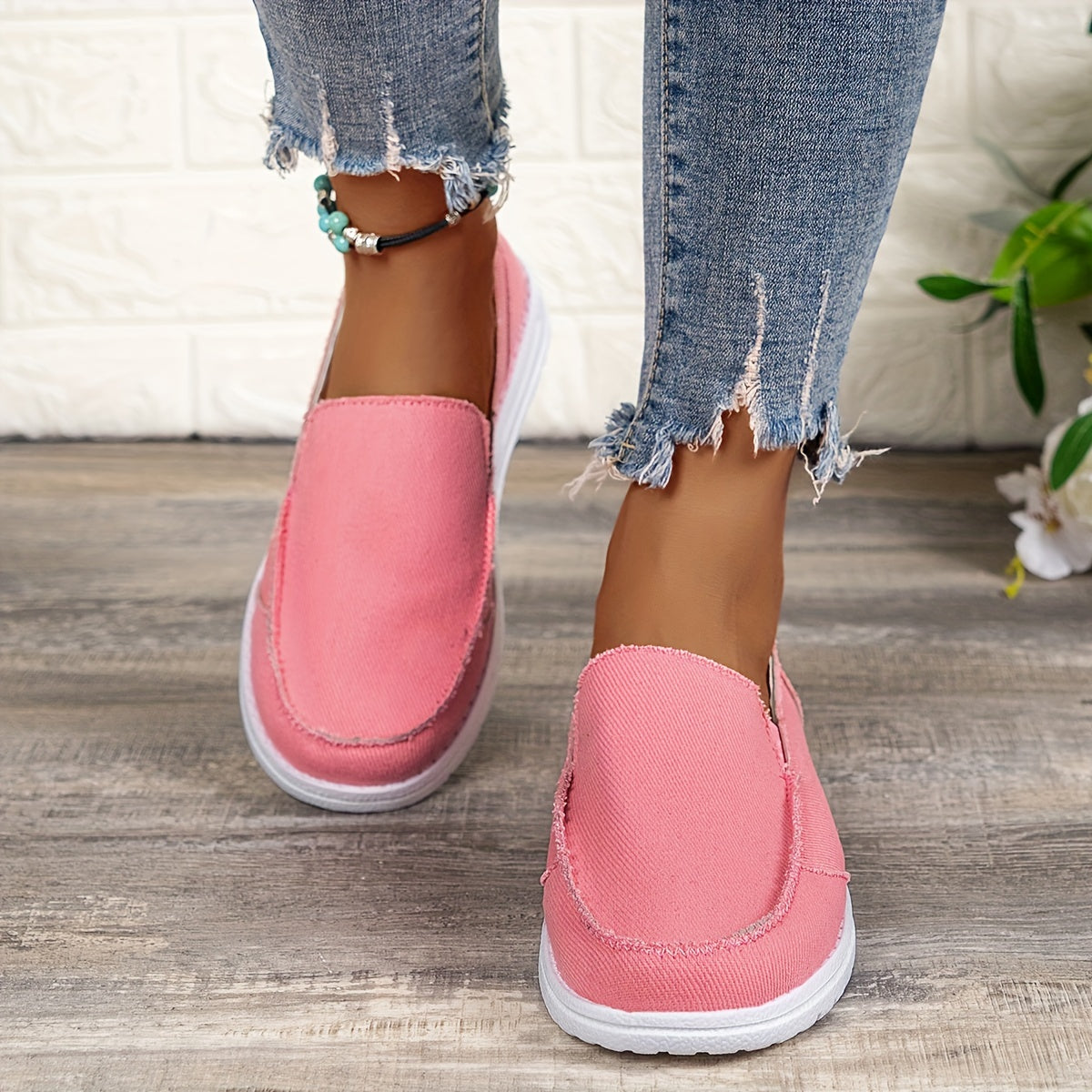 Women's Flat Canvas Shoes, Solid Color Round Toe Slip On Low Top Sneakers, Casual Walking Trainers