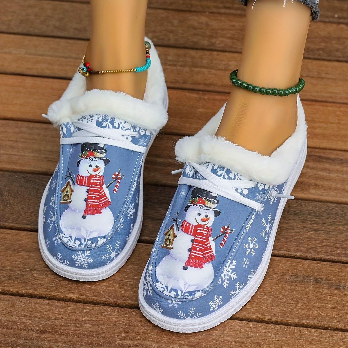 Women's Snowman Pattern Canvas Shoes, Casual Lace Up Outdoor Shoes, Lightweight Low Top Plush Lined Christmas Sneakers