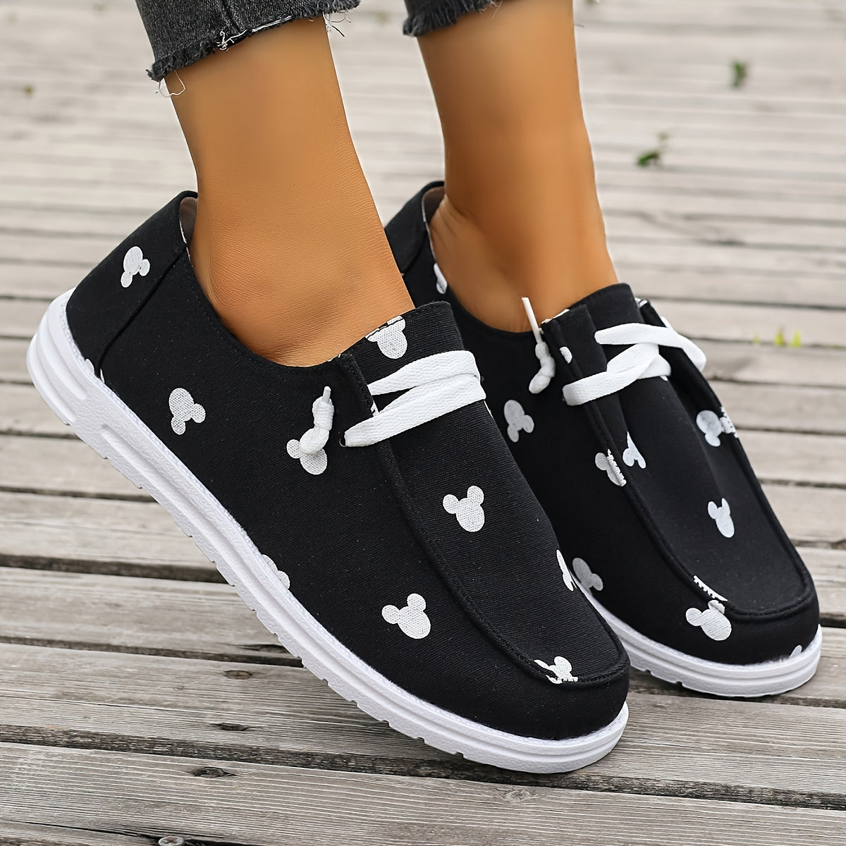 Women's Cartoon Print Canvas Shoes, Lightweight Low Top Lace Up Shoes, Women's Comfy Walking Shoes