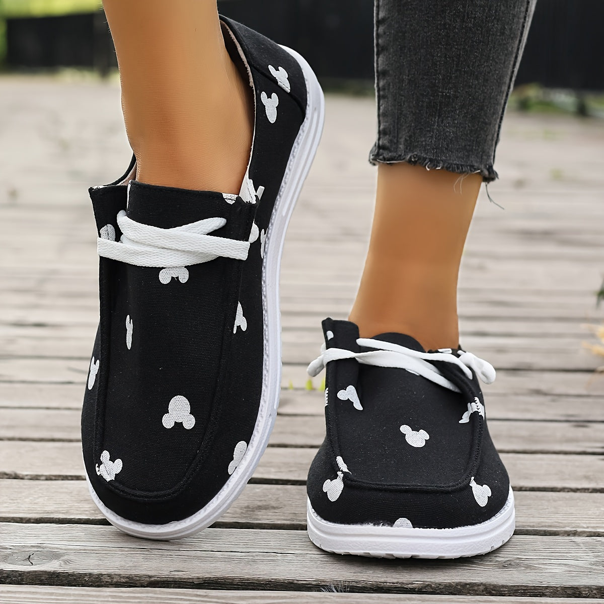 Women's Cartoon Print Canvas Shoes, Lightweight Low Top Lace Up Shoes, Women's Comfy Walking Shoes