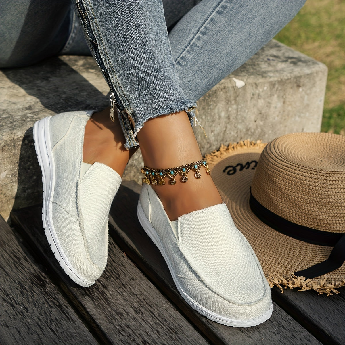 Women's Flat Canvas Shoes, Solid Color Round Toe Slip On Low Top Sneakers, Casual Walking Trainers